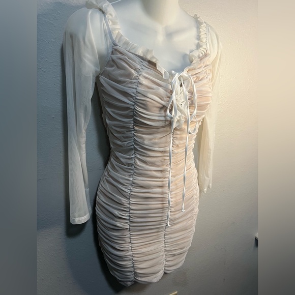 Fashion Nova Ruched White Mini Dress Sheer Sleeves Size M - Picture 4 of 6